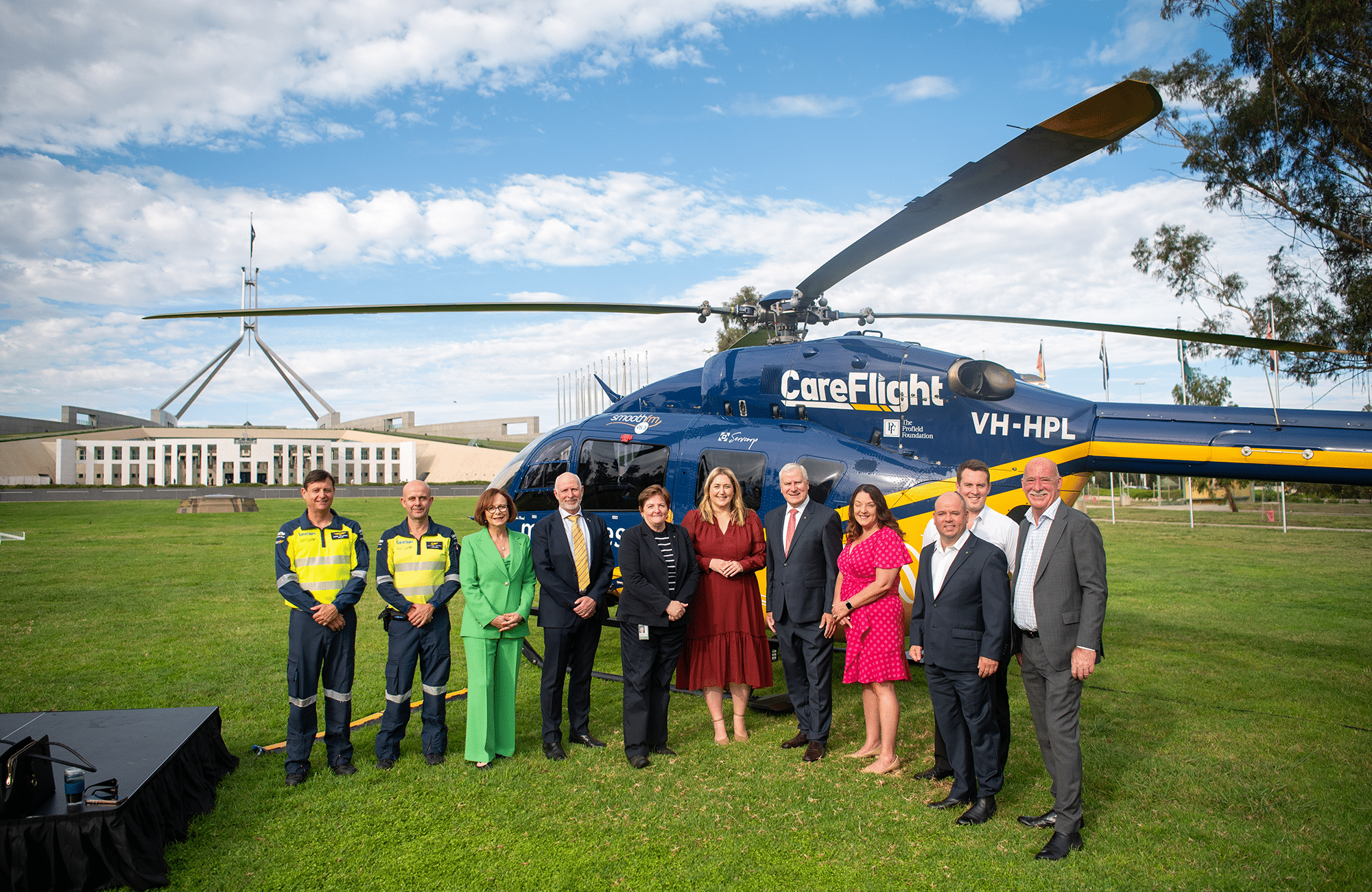 The Mounties Care CareFlight Helicopter lands in at Parliament House, Canberra